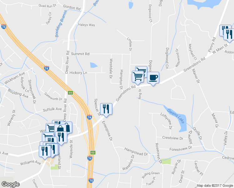 map of restaurants, bars, coffee shops, grocery stores, and more near 621 Greensboro Road in High Point