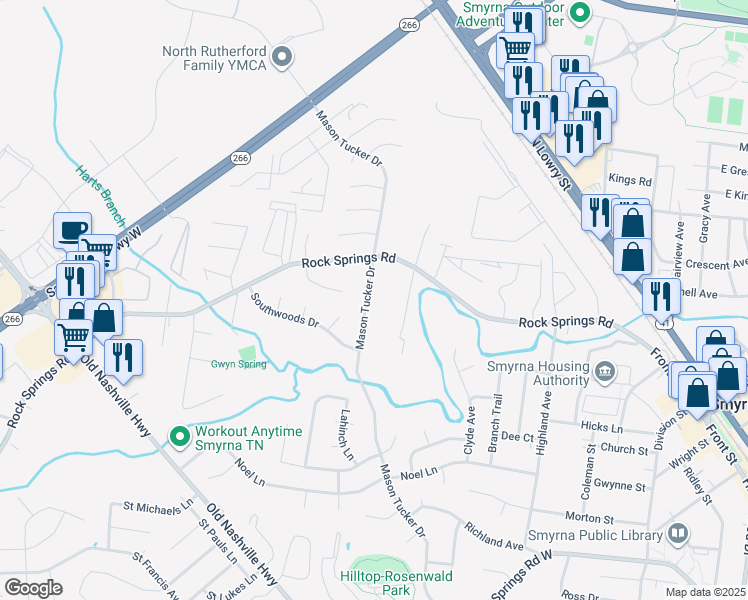 map of restaurants, bars, coffee shops, grocery stores, and more near 722 Mason Tucker Drive in Smyrna