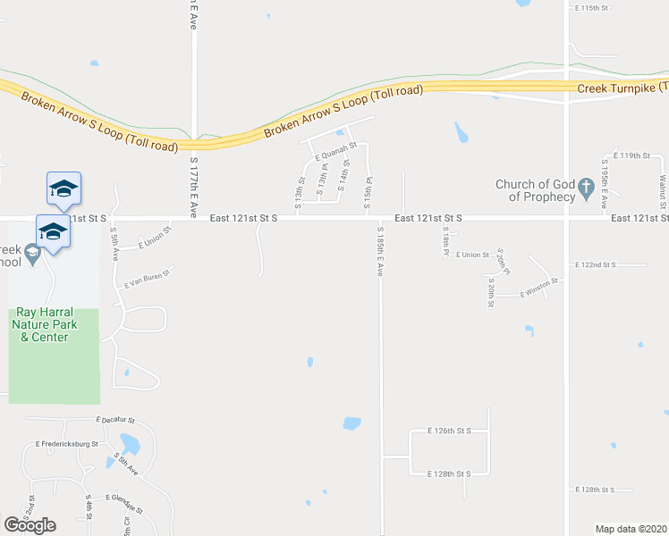 map of restaurants, bars, coffee shops, grocery stores, and more near 12110 South 185th East Avenue in Broken Arrow