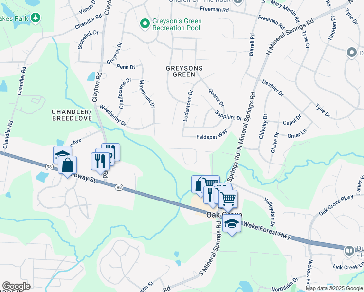 map of restaurants, bars, coffee shops, grocery stores, and more near 20 Lodestone Drive in Durham
