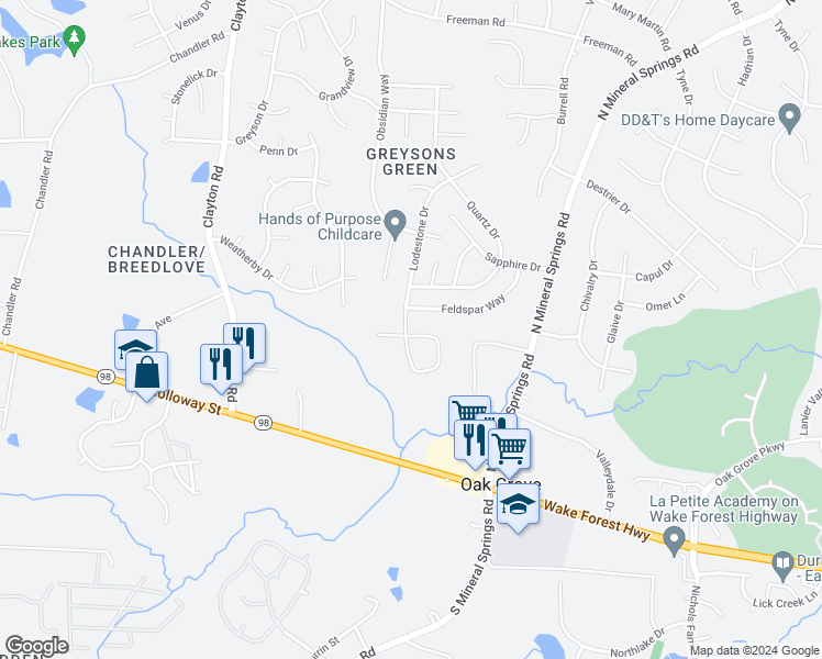 map of restaurants, bars, coffee shops, grocery stores, and more near 101 Lodestone Drive in Durham