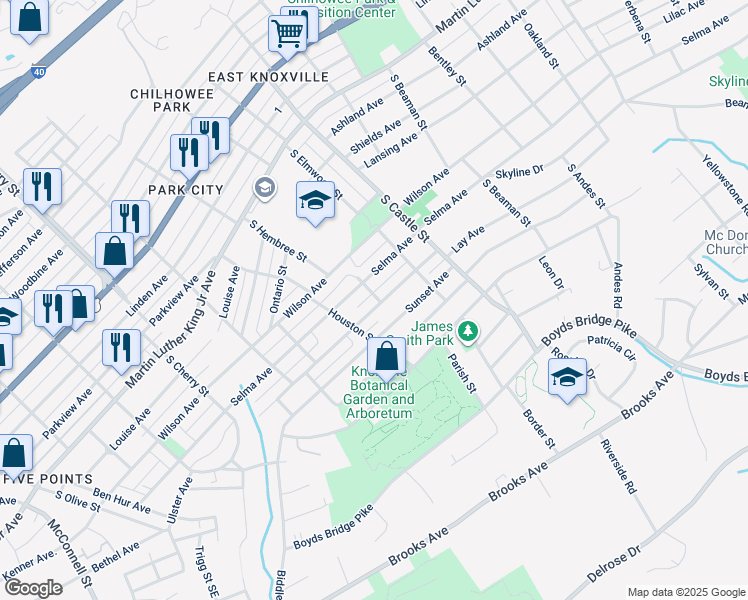 map of restaurants, bars, coffee shops, grocery stores, and more near 617 Superior Street in Knoxville