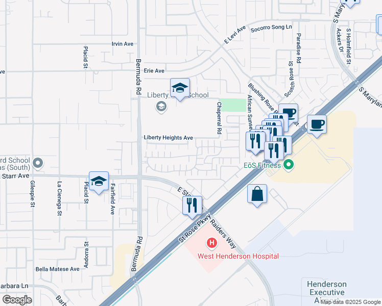 map of restaurants, bars, coffee shops, grocery stores, and more near 3692 Via Geneva in Henderson