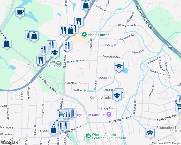 map of restaurants, bars, coffee shops, grocery stores, and more near 1803 Arden Place in High Point