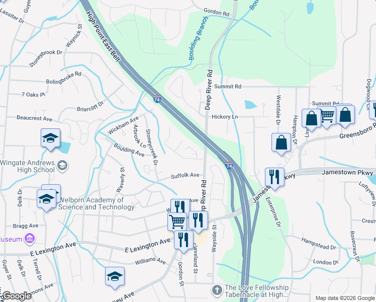 map of restaurants, bars, coffee shops, grocery stores, and more near 2914 Creekview Court in High Point