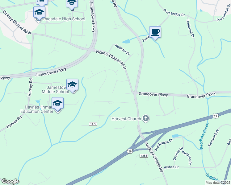 map of restaurants, bars, coffee shops, grocery stores, and more near 5406 Hidden Valley Road in Greensboro