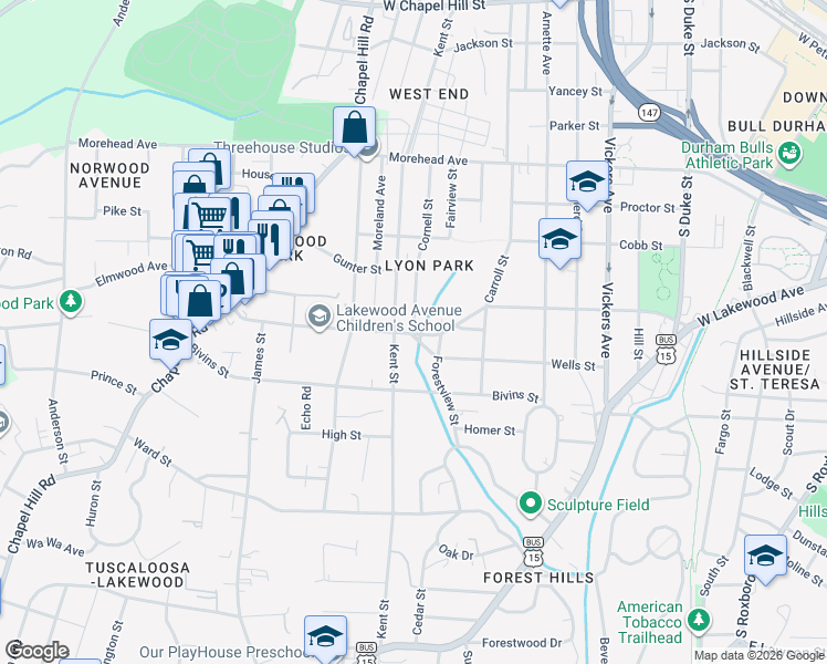 map of restaurants, bars, coffee shops, grocery stores, and more near 1200 West Lakewood Avenue in Durham