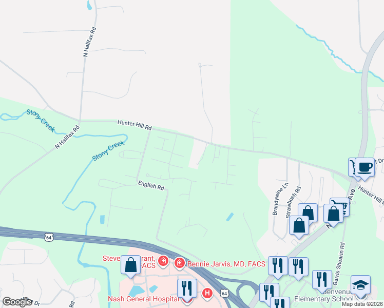 map of restaurants, bars, coffee shops, grocery stores, and more near 6991-7075 Hunter Hill Road in Rocky Mount