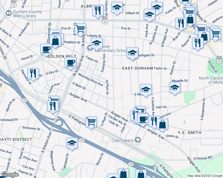 map of restaurants, bars, coffee shops, grocery stores, and more near 113 North Hyde Park Avenue in Durham