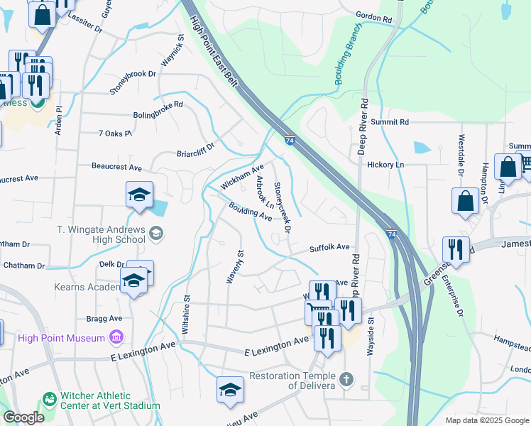 map of restaurants, bars, coffee shops, grocery stores, and more near 1923 Boulding Avenue in High Point