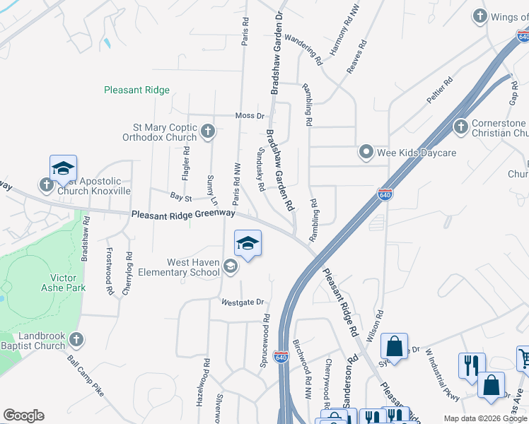map of restaurants, bars, coffee shops, grocery stores, and more near 2228 Madison Road Northwest in Knoxville