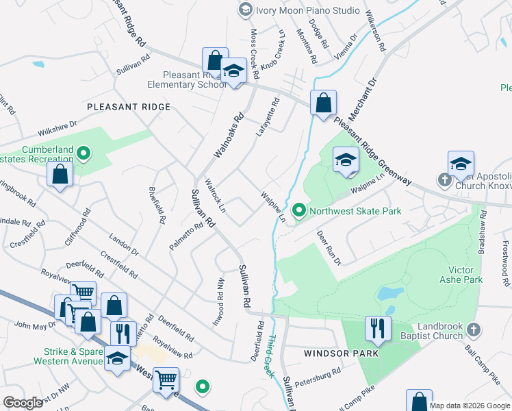 map of restaurants, bars, coffee shops, grocery stores, and more near 3215 Lineback Road Northwest in Knoxville