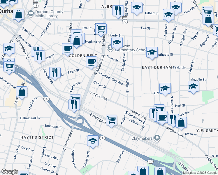 map of restaurants, bars, coffee shops, grocery stores, and more near 1401 East Main Street in Durham