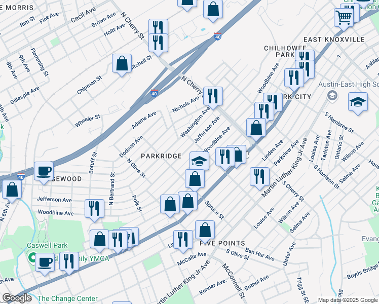 map of restaurants, bars, coffee shops, grocery stores, and more near 2442 Jefferson Avenue in Knoxville