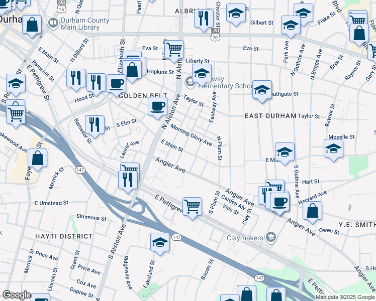 map of restaurants, bars, coffee shops, grocery stores, and more near 1401 East Main Street in Durham
