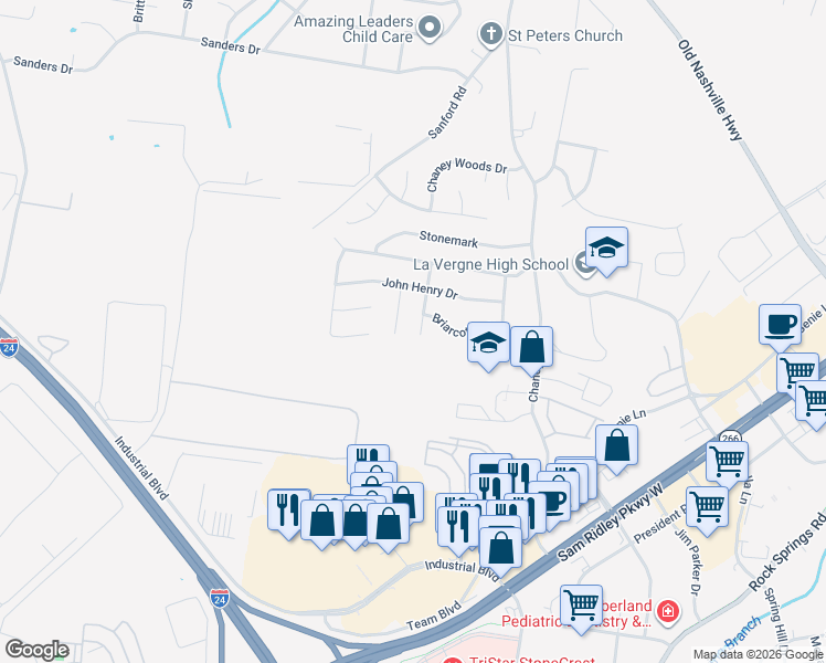map of restaurants, bars, coffee shops, grocery stores, and more near 414 Wooded Valley Ct in La Vergne