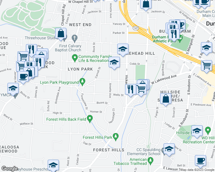 map of restaurants, bars, coffee shops, grocery stores, and more near 1310 Arnette Avenue in Durham