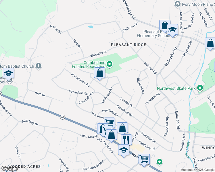 map of restaurants, bars, coffee shops, grocery stores, and more near 5508 Valdosta Road Northwest in Knoxville