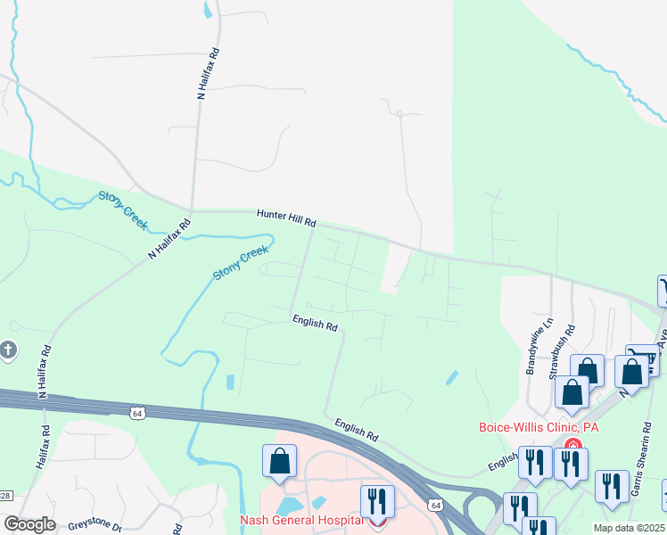 map of restaurants, bars, coffee shops, grocery stores, and more near 6927 Peppermill Way in Rocky Mount