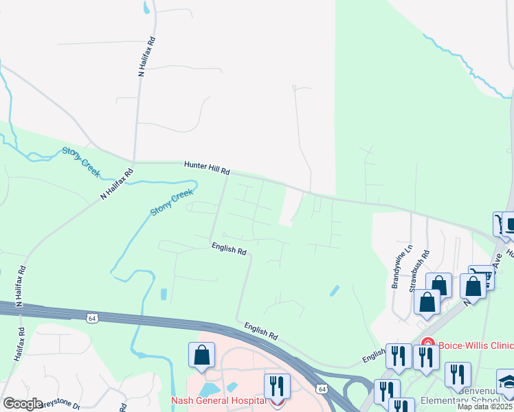 map of restaurants, bars, coffee shops, grocery stores, and more near Autumn Ridge Way in Rocky Mount