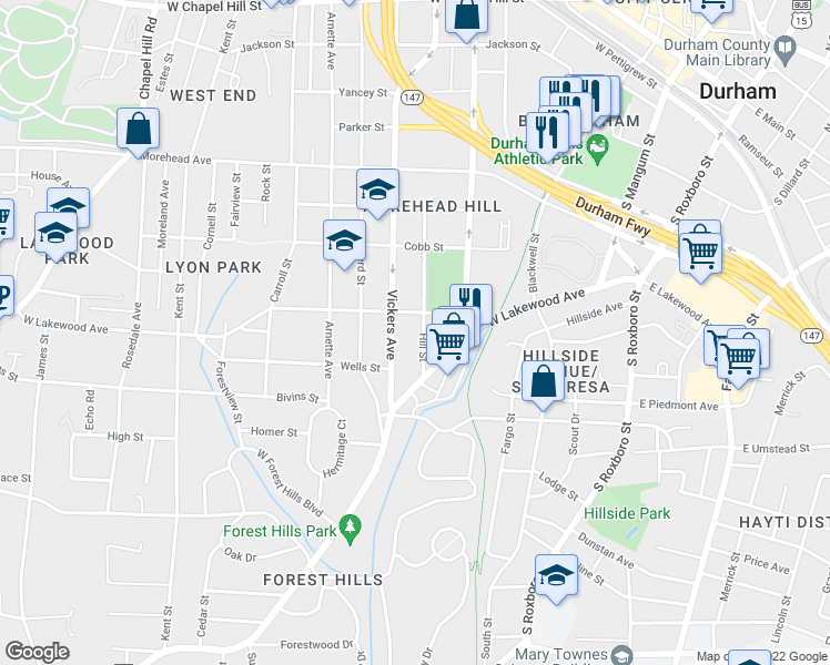 map of restaurants, bars, coffee shops, grocery stores, and more near 1304 Hill Street in Durham