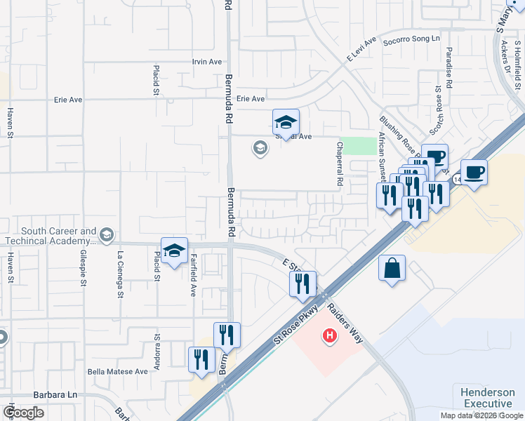 map of restaurants, bars, coffee shops, grocery stores, and more near 1136 Via Degli in Henderson