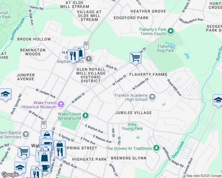 map of restaurants, bars, coffee shops, grocery stores, and more near 728 North Taylor Street in Wake Forest