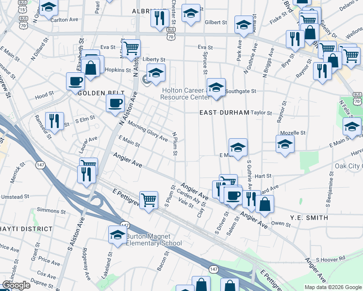 map of restaurants, bars, coffee shops, grocery stores, and more near 113 North Hyde Park Avenue in Durham