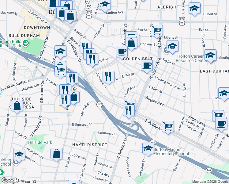 map of restaurants, bars, coffee shops, grocery stores, and more near 929 Ramseur Street in Durham