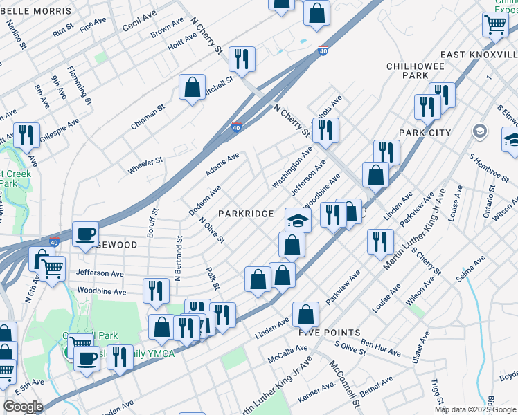 map of restaurants, bars, coffee shops, grocery stores, and more near 2418 Washington Avenue in Knoxville