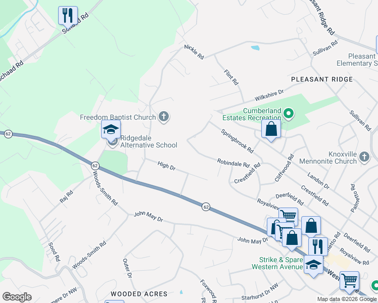 map of restaurants, bars, coffee shops, grocery stores, and more near 6233 High Drive in Knoxville