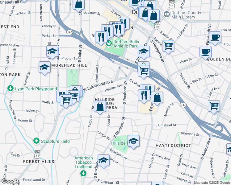 map of restaurants, bars, coffee shops, grocery stores, and more near 114 Chestnut Street in Durham