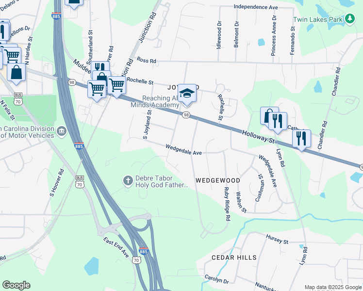 map of restaurants, bars, coffee shops, grocery stores, and more near 2709 Wedgedale Avenue in Durham