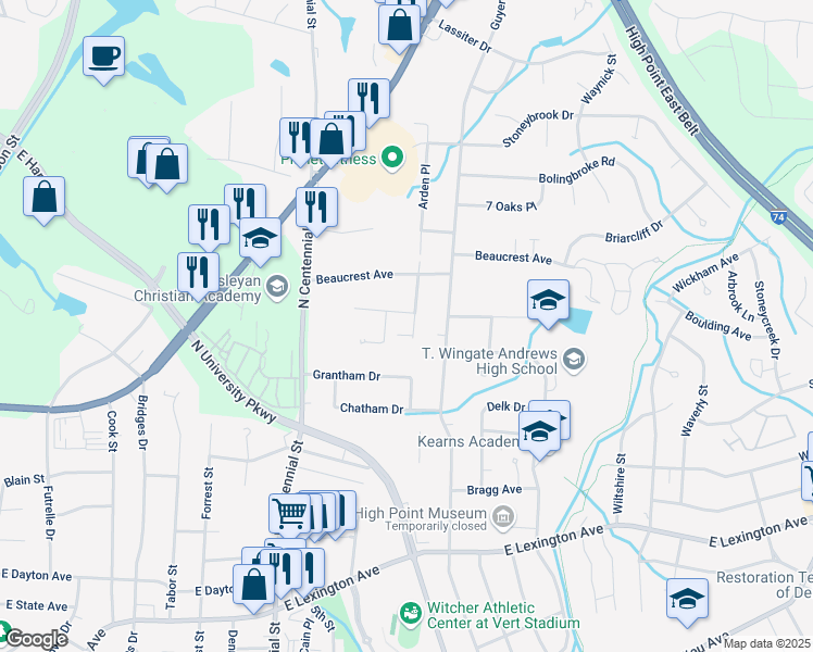 map of restaurants, bars, coffee shops, grocery stores, and more near 1803 Arden Pl in High Point