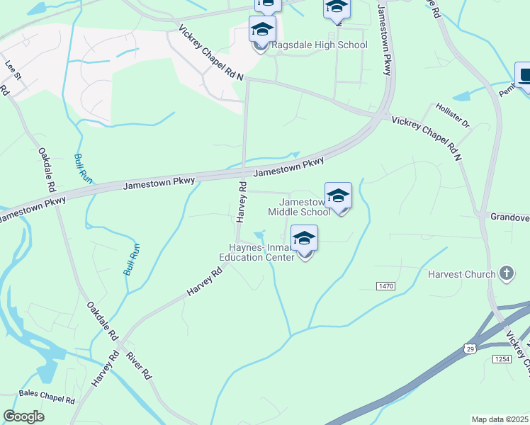 map of restaurants, bars, coffee shops, grocery stores, and more near 4807 Harvey Road in Jamestown