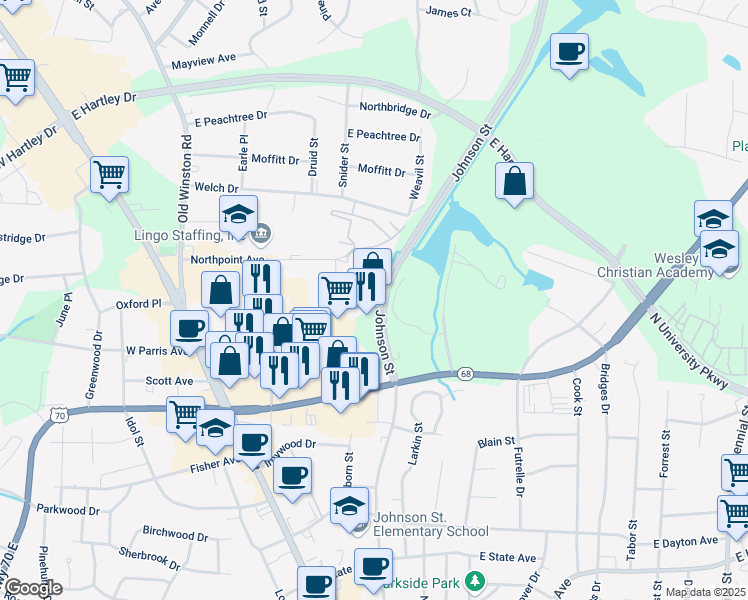 map of restaurants, bars, coffee shops, grocery stores, and more near 295 East Parris Avenue in High Point