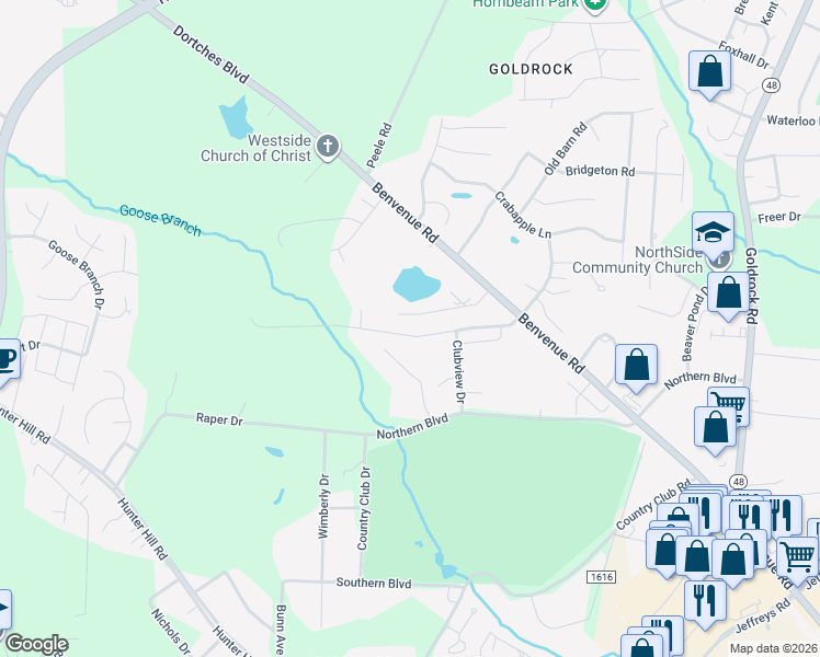 map of restaurants, bars, coffee shops, grocery stores, and more near 1922 Bridgewood Road in Rocky Mount