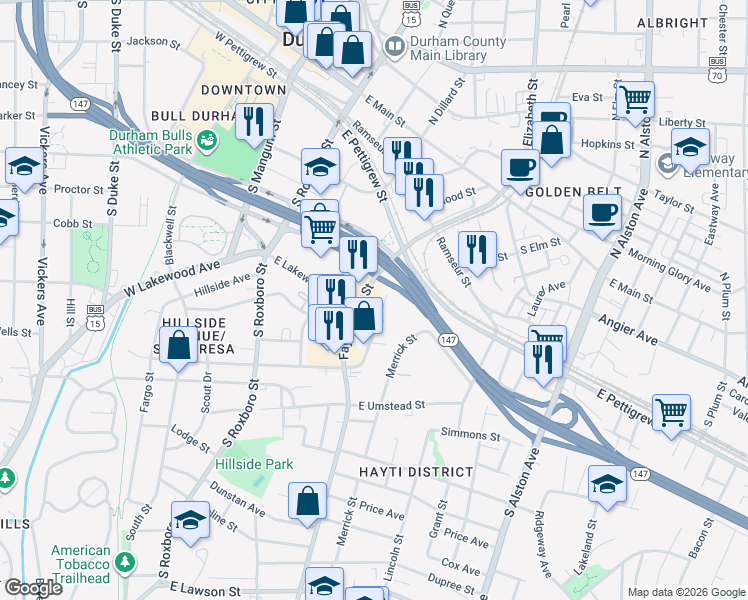 map of restaurants, bars, coffee shops, grocery stores, and more near 601 Fayetteville Street in Durham