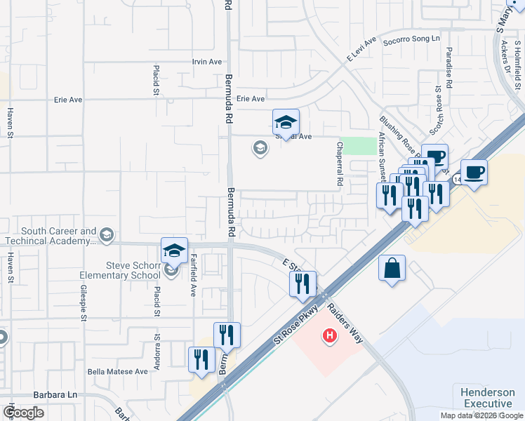 map of restaurants, bars, coffee shops, grocery stores, and more near 1133 Via Rocca in Henderson