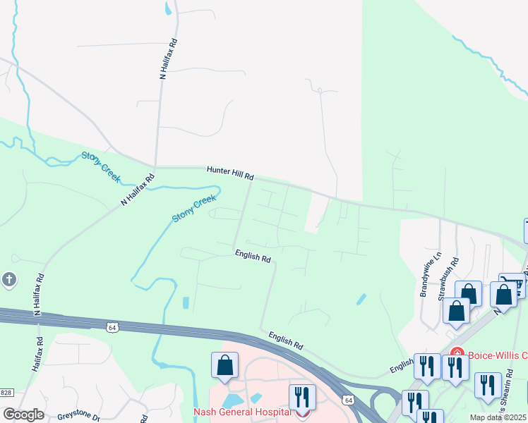 map of restaurants, bars, coffee shops, grocery stores, and more near 6927 Peppermill Way in Rocky Mount