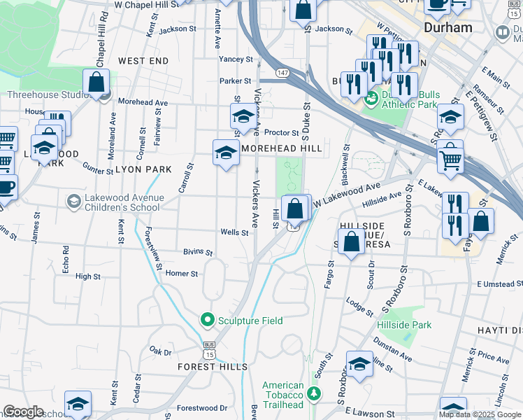 map of restaurants, bars, coffee shops, grocery stores, and more near 1307 Vickers Avenue in Durham