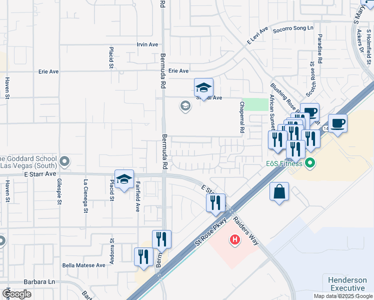 map of restaurants, bars, coffee shops, grocery stores, and more near 1133 Via Rocca in Henderson