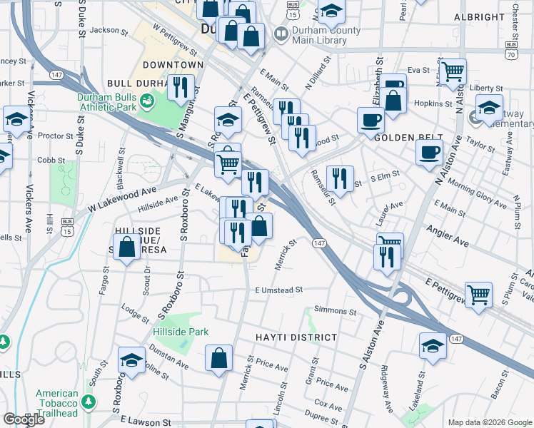 map of restaurants, bars, coffee shops, grocery stores, and more near 601 Fayetteville Street in Durham