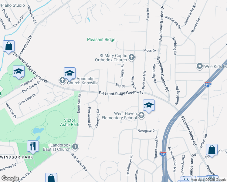 map of restaurants, bars, coffee shops, grocery stores, and more near 4726 Pleasant Ridge Rd in Knoxville
