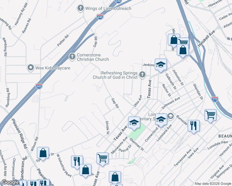 map of restaurants, bars, coffee shops, grocery stores, and more near 3427 Thomas St in Knoxville