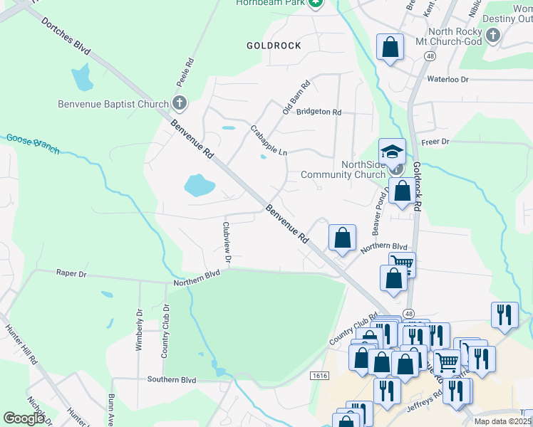 map of restaurants, bars, coffee shops, grocery stores, and more near 2043 Bridgewood Road in Rocky Mount