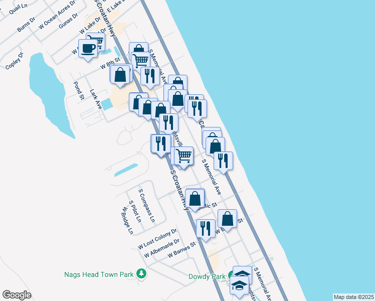 map of restaurants, bars, coffee shops, grocery stores, and more near 2433 South Wrightsville Avenue in Nags Head