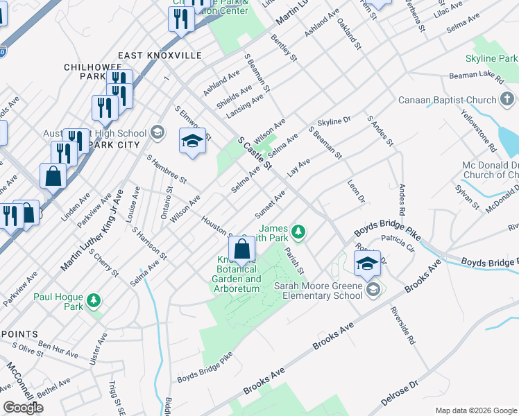 map of restaurants, bars, coffee shops, grocery stores, and more near 2921 Sunset Avenue in Knoxville