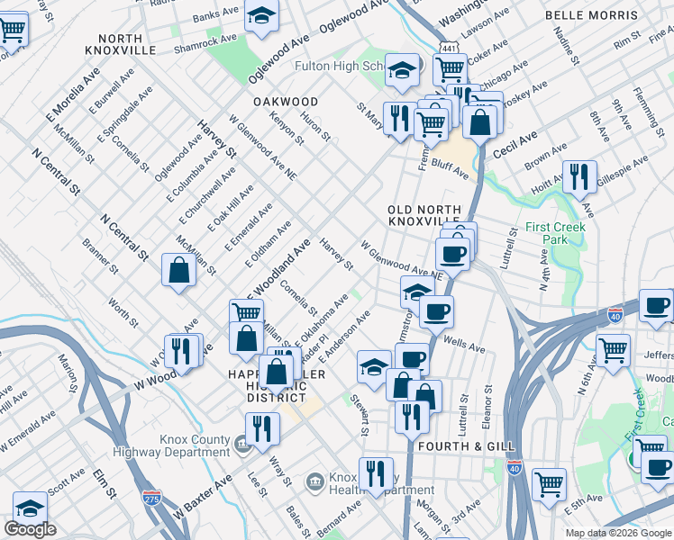 map of restaurants, bars, coffee shops, grocery stores, and more near 428 East Scott Avenue in Knoxville