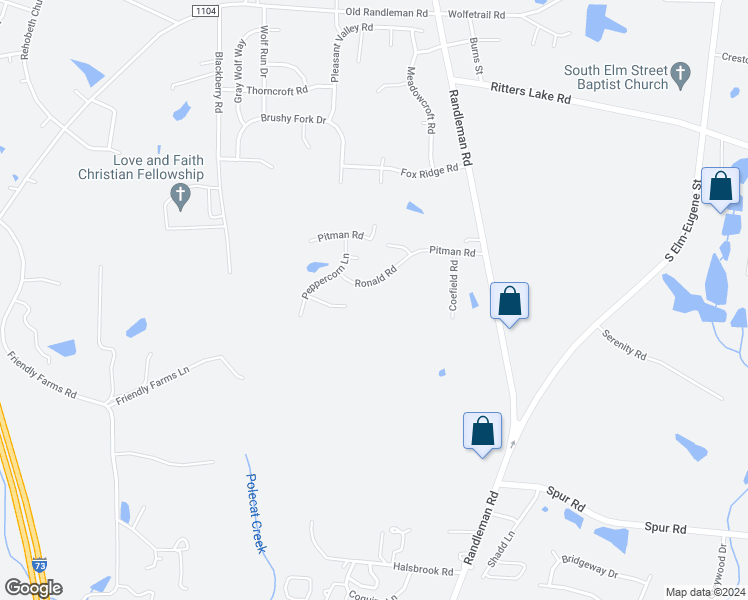 map of restaurants, bars, coffee shops, grocery stores, and more near 1005 Ronald Road in Greensboro